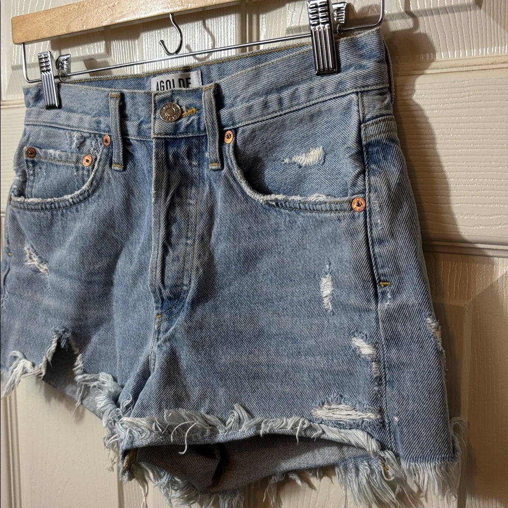 Agolde Light Blue Distressed Denim Cutoff Shorts - Picture 3 of 10